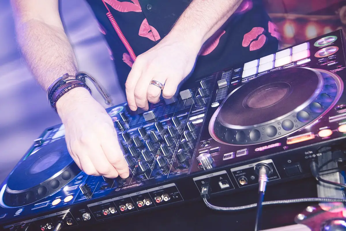 DJ on the decks at the Ibiza Hedonism Closing Party, The Mirage Lincoln