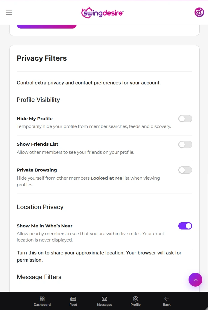 SwingDesire Privacy Settings showing Hide My Profile, Private Browsing and message filters