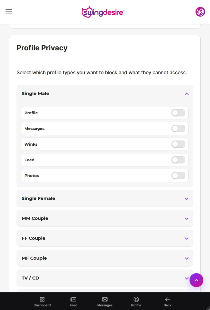 SwingDesire Profile Privacy settings, where members choose which profile types can see their profile, photos and feed or message them